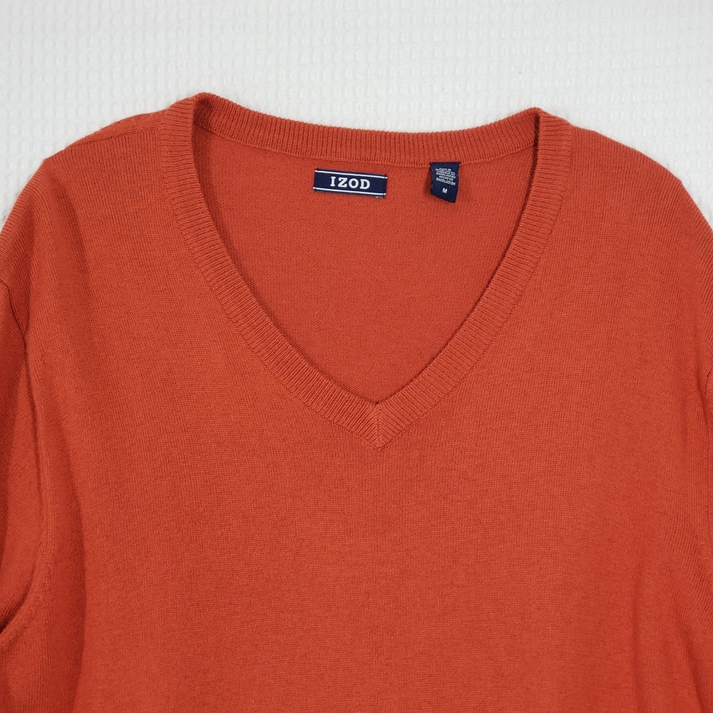 IZOD V-Neck Sweater Mens Medium Orange Cotton Wool Blend Knit Classic Preppy - Picture 10 of 13